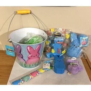 Large PEEPS Easter Tin Bucket with PEEPS Accessories & Grass - New with Tags
